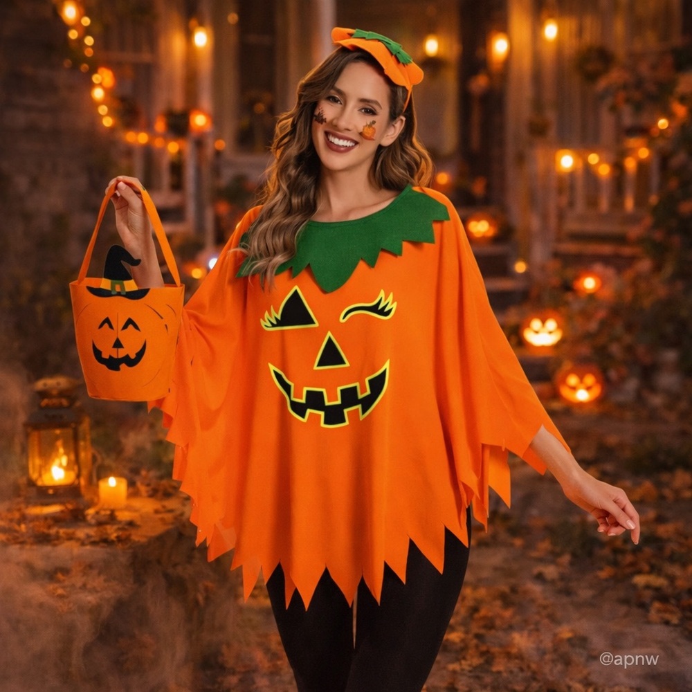 Halloween Pumpkin Costume Poncho Set Headband Candy Bag Adult